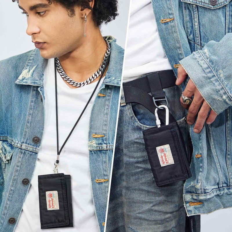 RE ROUGH ENOUGH Rough Enough Kids Wallet for Boys Teens with Neck Lanyard Keychain Zipper Coin Pocket Card Holder Black Soft Nylon - Image 2
